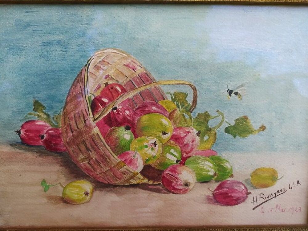 Tableau Dessin Nature Morte aux Fruits Sign&eacute; H.Rivayrol 1923 Décoration