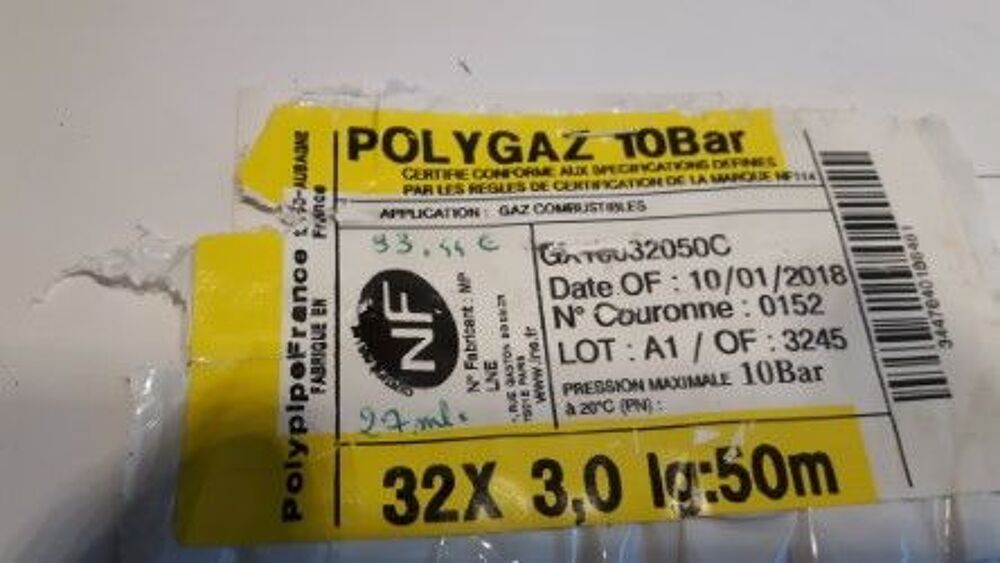 Tube Poly&eacute;tyl&eacute;ne Bande jaune pour gaz Bricolage
