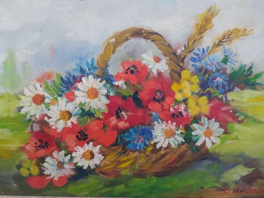 Tableau Bouquet de Fleurs Printani&egrave;res Sign&eacute; C de Cr&eacute;py Décoration