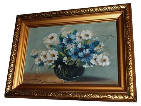 TABLEAU HUILE sur TOILE signé - Bouquet de fleurs 120 Nyons (26)