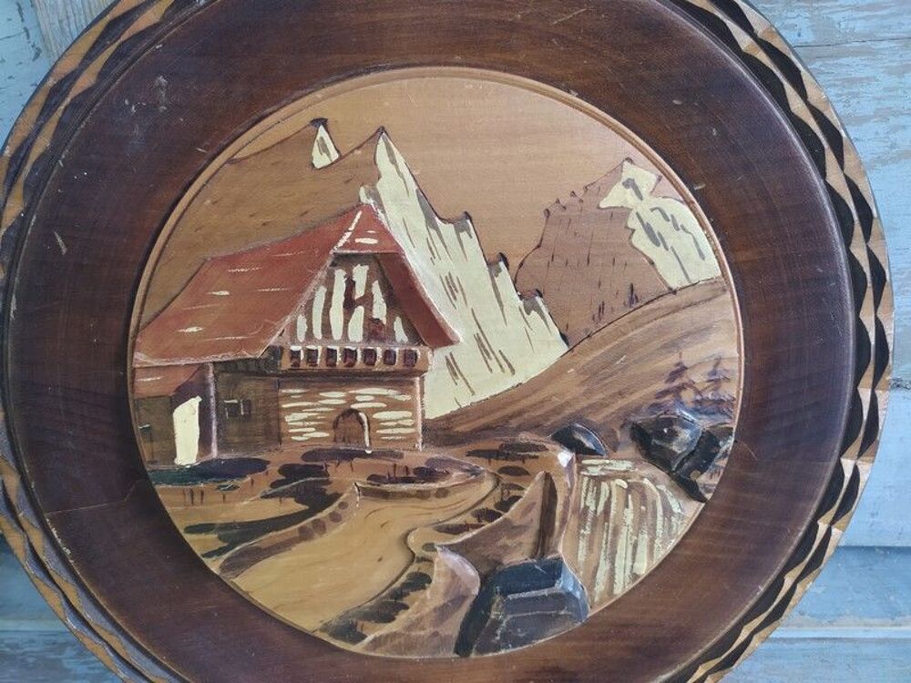 Assiette Bois Sculpt&eacute; Chalet Montagne Art Populaire 1950 Décoration