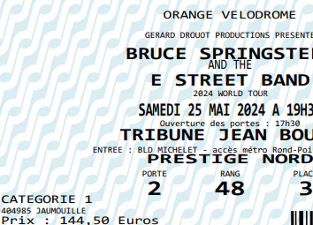 2 billets pour BRUCE SPRINGSTEEN au v&eacute;lodrome le 24/05/24 Billetterie