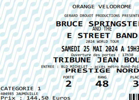 2 billets pour BRUCE SPRINGSTEEN au v�lodrome le 24/05/24 220 Roquemaure (30)