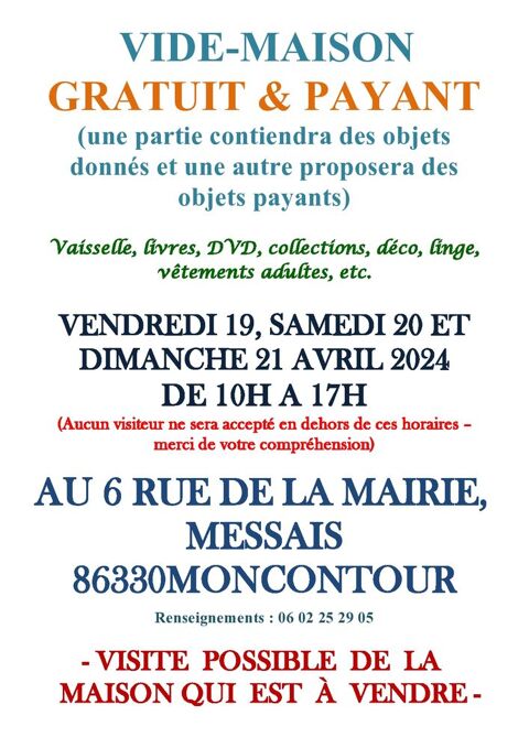 Vide-maison -OBJETS GRATUITS & VENDUS-du 19 au 21 avril 2024 0 Messais (86)