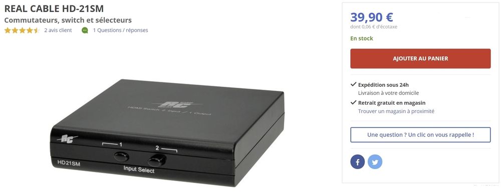 SWITCH HUB DOCK HDMI RC HD21SM (2 entr&eacute;es / 1 sortie) Matriel informatique