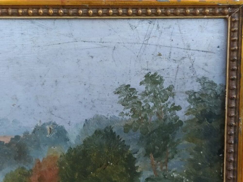 Petit Tableau Paysage de Campagne Vue sur Clocher 