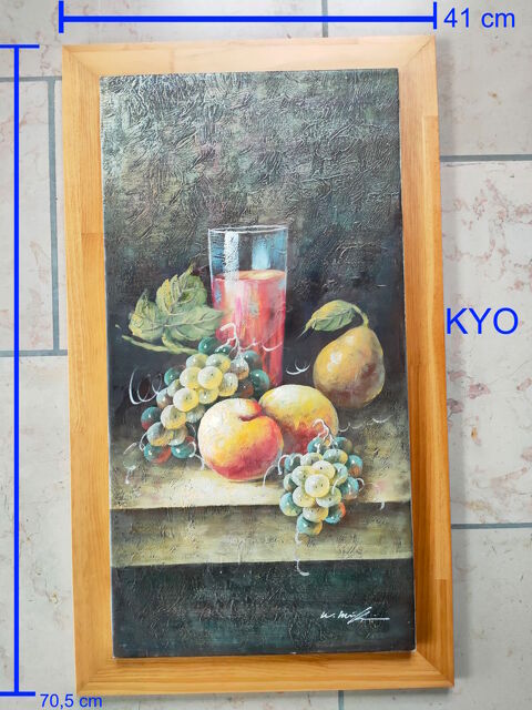 Tableau peinture toile de fruits raisin pêche poire, verre 75 Foncine-le-Haut (39)