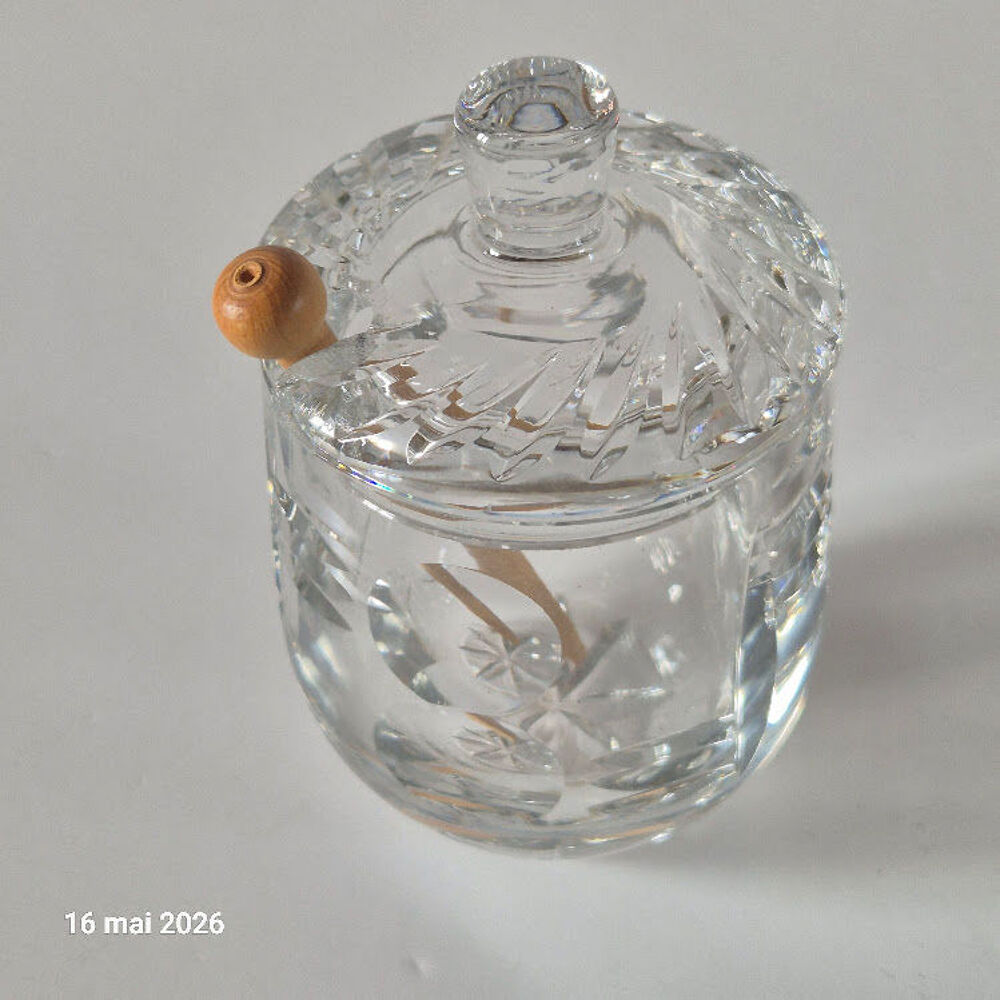 Moutardier en Cristal ou verre, complet avec sa cuill&egrave;re de Cuisine