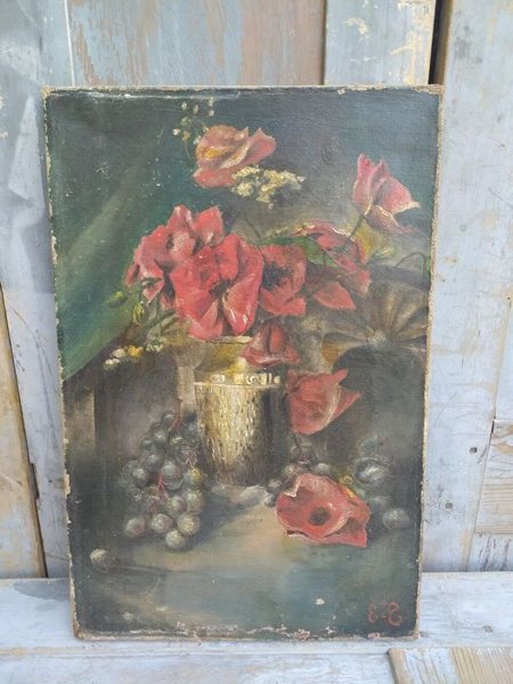 Tableau Nature Morte Coquelicots et Raisins Monogramme XIXe Décoration