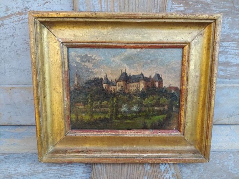 Tableau Peinture sur Bois Ch&acirc;teau XIX&egrave;me Cadre Dor&eacute; Feuille 