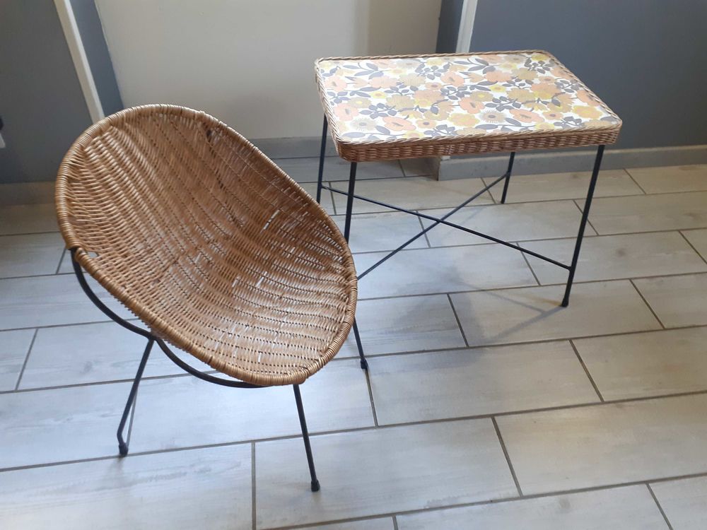 table et fauteuil rotin Vintage Meubles