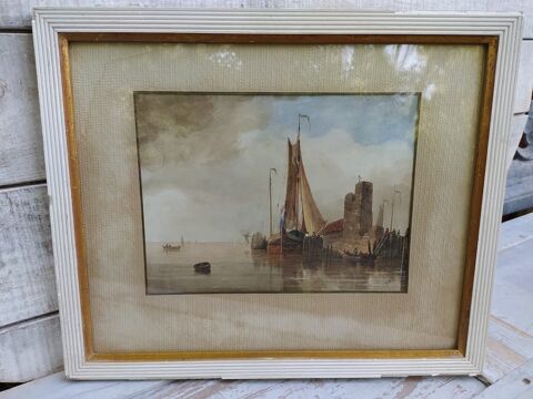 Ancien Tableau Aquarelle Marine XVIIIe/XIXème Signé VJ 139 Loches (37)