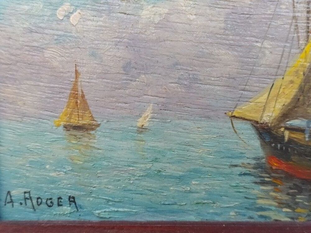 Tableau Peinture Miniature Marine Voilier Sign&eacute;e A. Roger 