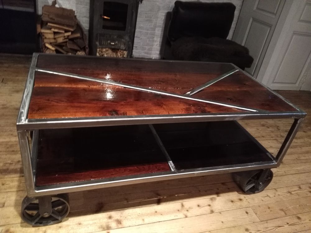 TABLE BASSE FER/CHENE MASSIF UNIQUE FAIT MAIN Meubles