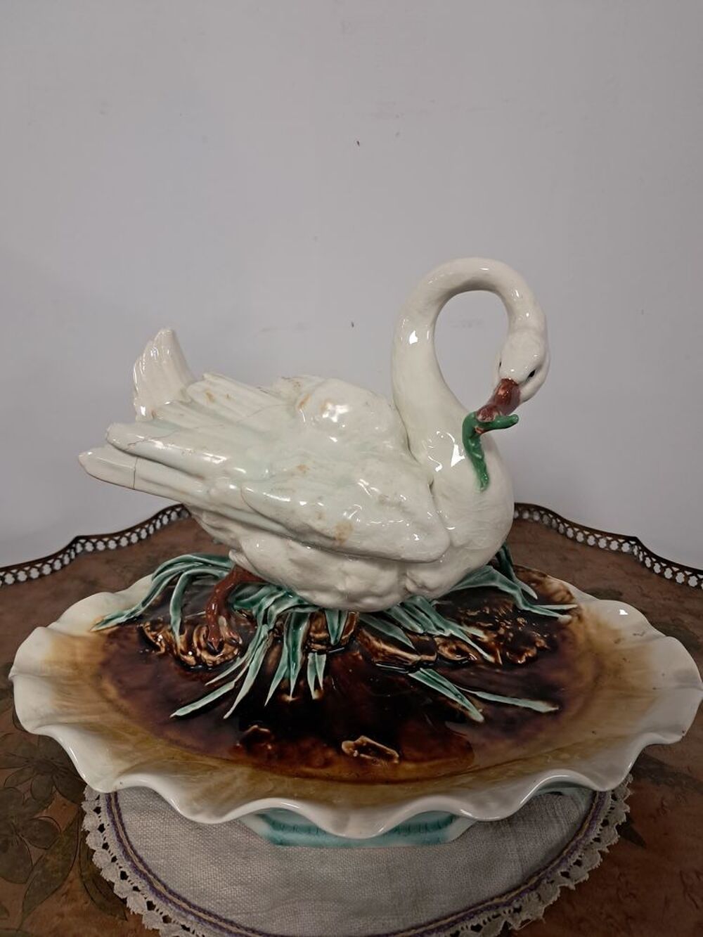 Encrier, Cygne en fa&iuml;ence ancien Décoration