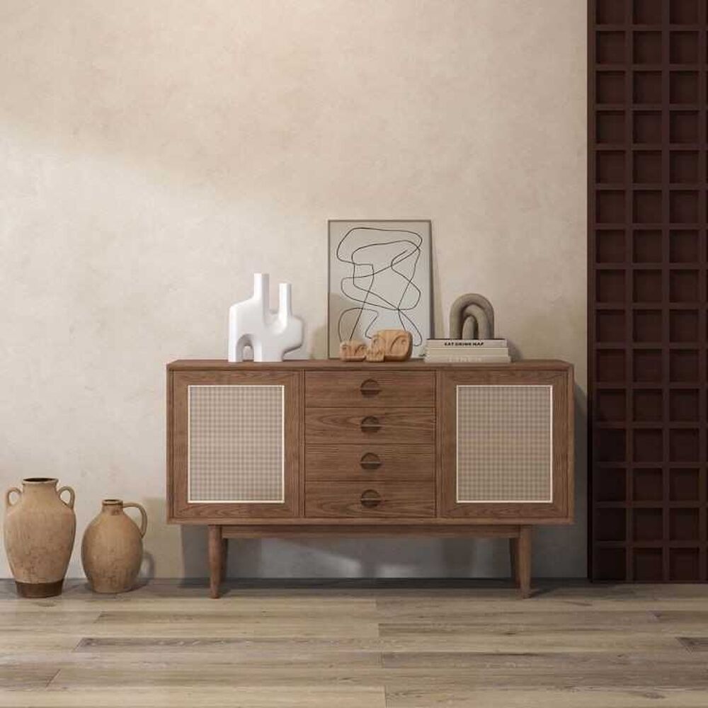 Buffet Cottage en Noyer avec Rotin €" 2 Portes &amp; 4 Tiroirs (140 cm) Meubles