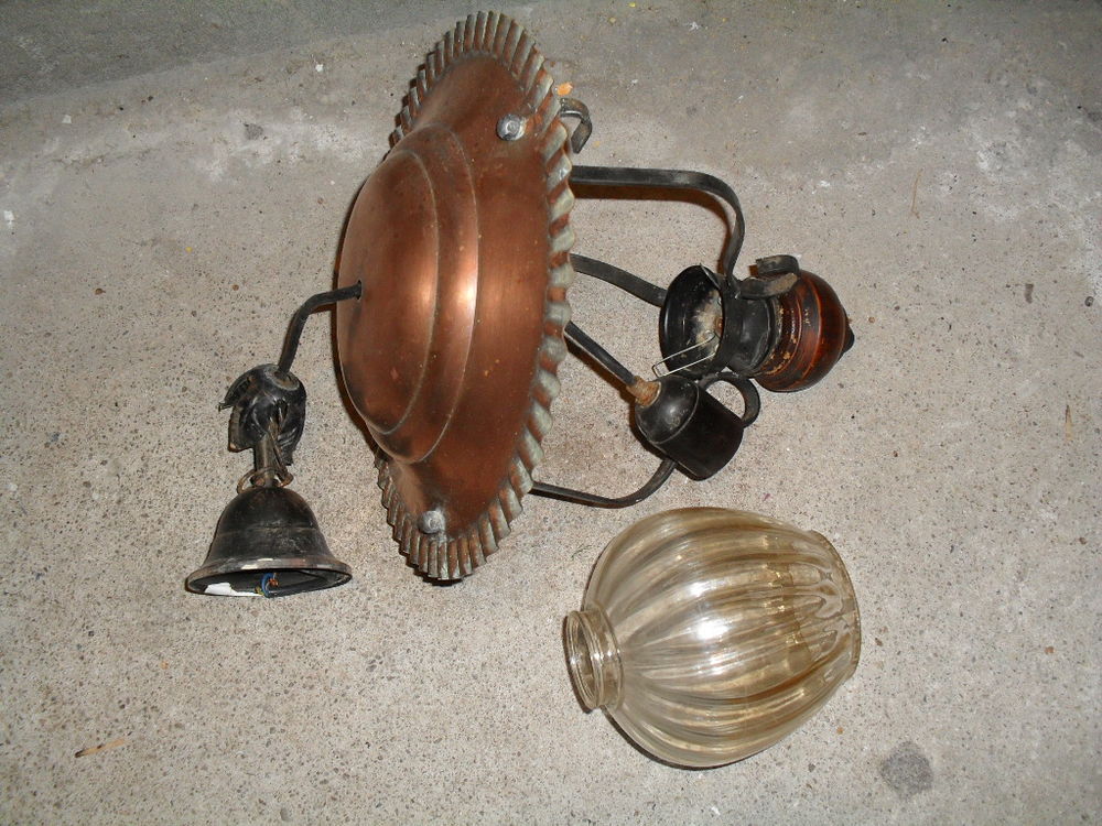 Lampe lanterne suspension luminaire cuivre fer bois verre Décoration
