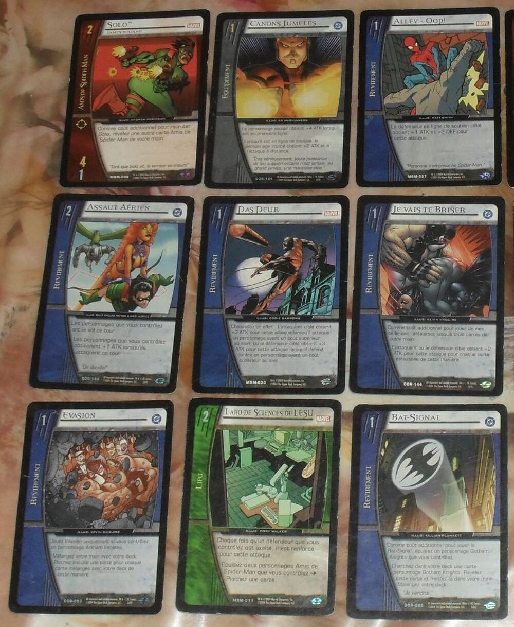 LOT DE 15 CARTES MARVEL, VS SYSTEM, DC COMICS ORIGINES EN FR 