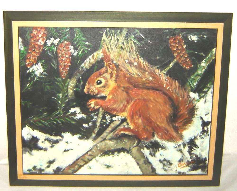 Tableau peinture ancienne &eacute;cureuil roux Décoration