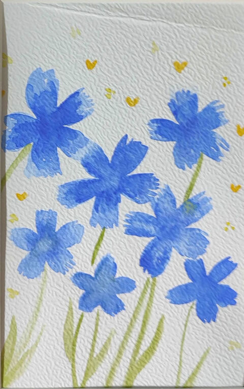 Peinture aquarelle 7 fleurs bleues 50 Josselin (56)