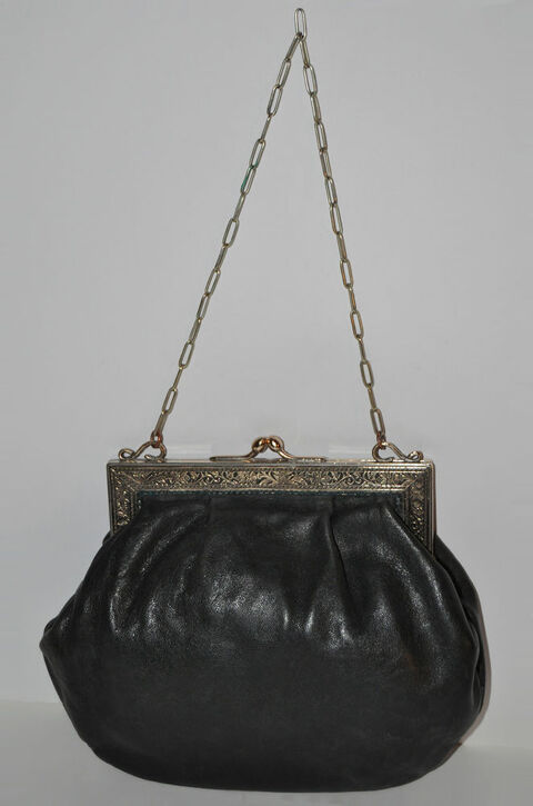 Sac ancien style bourse minaudière cuir gris foncé, fermoir 55 Orléans (45)