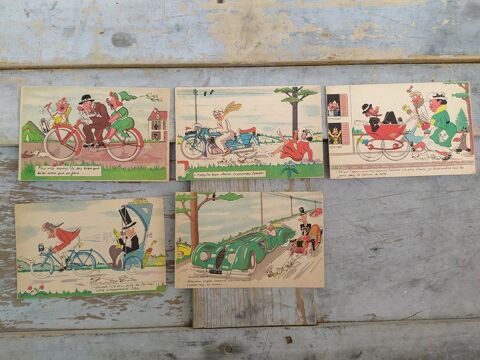 Lot 5 Cartes Postales Humour Illustration Auto Voiture V�lo 12 Paris 1 (75)