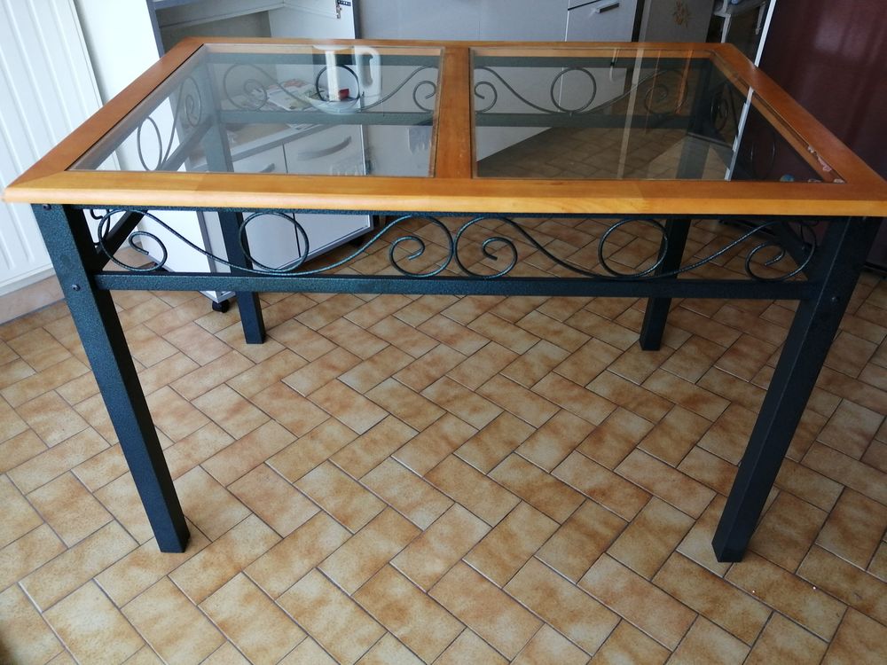ENSEMBLE TABLE BOIS ET VERRE + 4 CHAISES PAILLEES Meubles