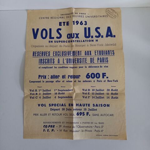 VOLS aux USA en super constellation H, affiche , t 1963    30 Saumur (49)