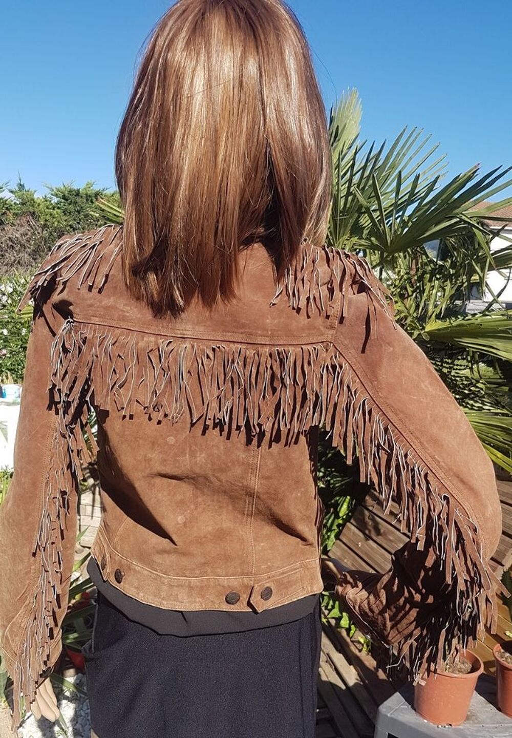 Blouson western cuir &agrave; franges neuf Vêtements