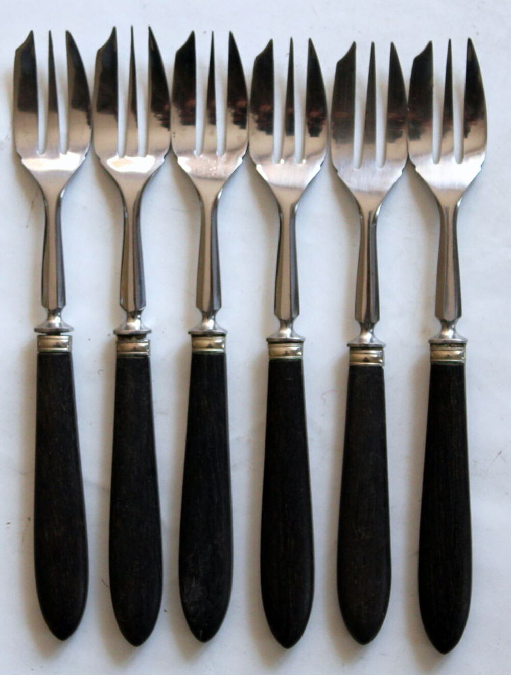 Fourchettes &agrave; huitres anciennes virole argent manche &eacute;b&egrave;ne Cuisine