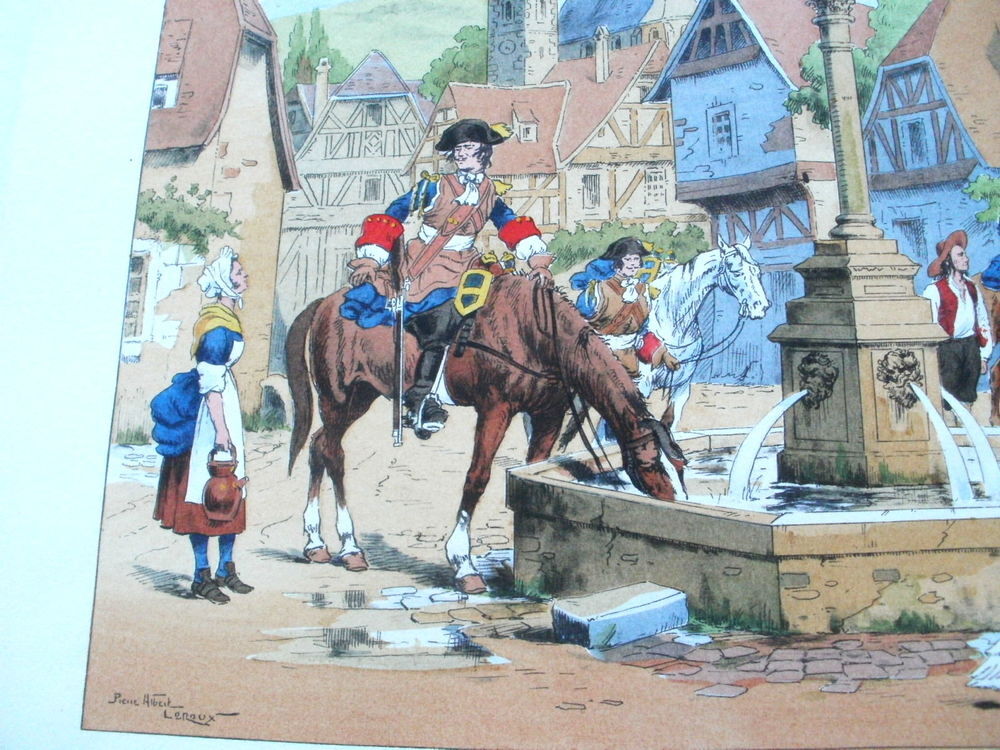 Gravure Pierre A LEROUX Soldats militaires &agrave; la fontaine Décoration