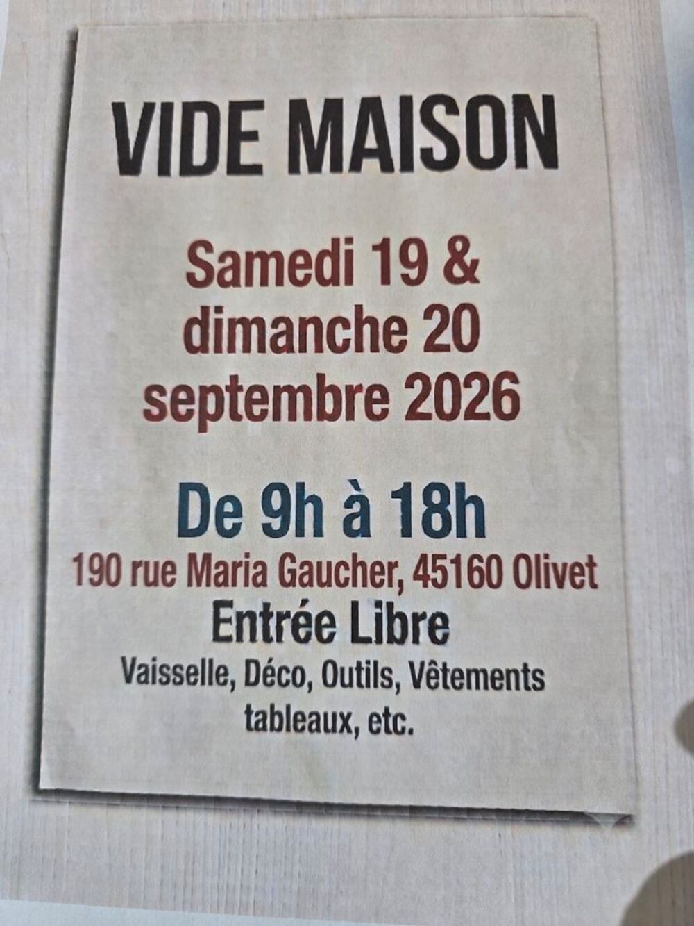 VIDE MAISON 45160 OLIVET Vide grenier, marché aux puces, braderie