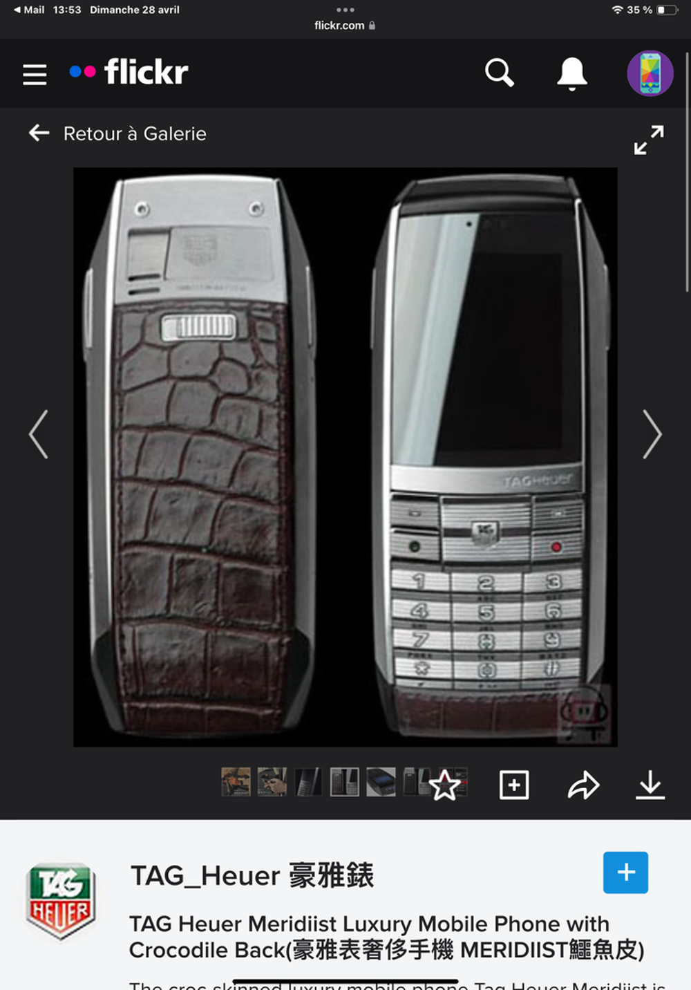 T&eacute;l&eacute;phone portable TAG Heuer Meridiist dos cuir crocodile Téléphones et tablettes