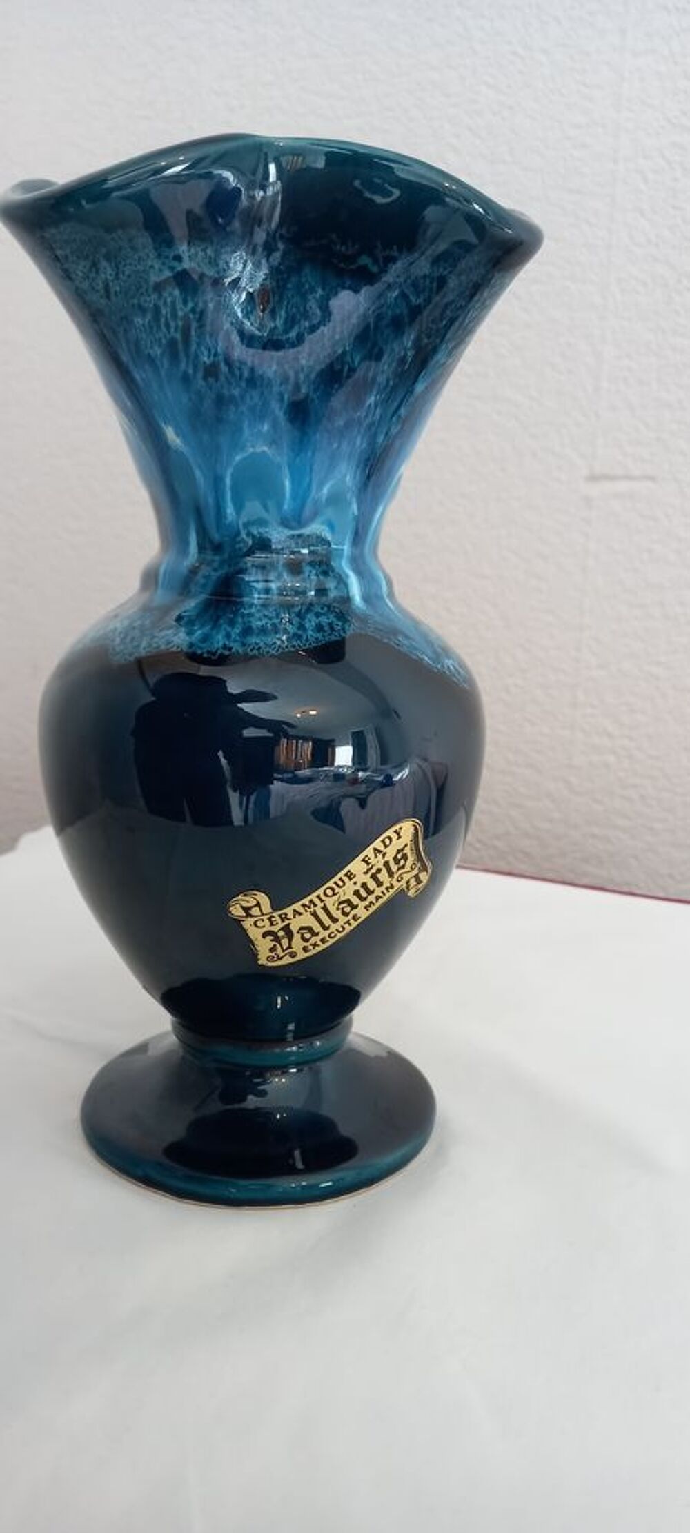 Vase c&eacute;ramique Vallauris Fady vintage &eacute;mail bleu coulant H23 Décoration