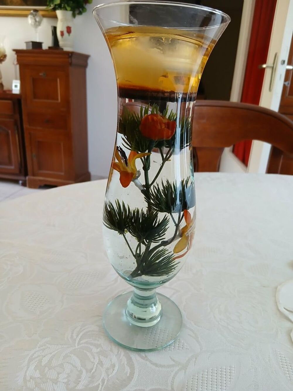 Vase fl&ucirc;te inclusions v&eacute;g&eacute;tales porte bougie N&deg;1452 Décoration