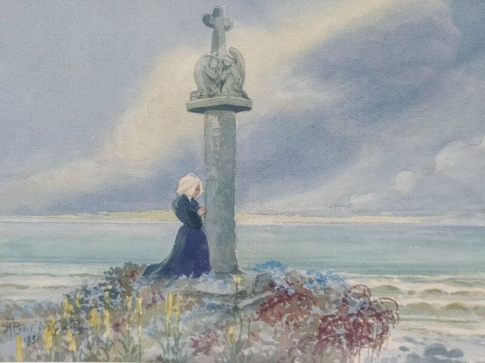 ANDR&Eacute; DES GACHONS Aquarelle Bretagne Religieuse au Calvaire 