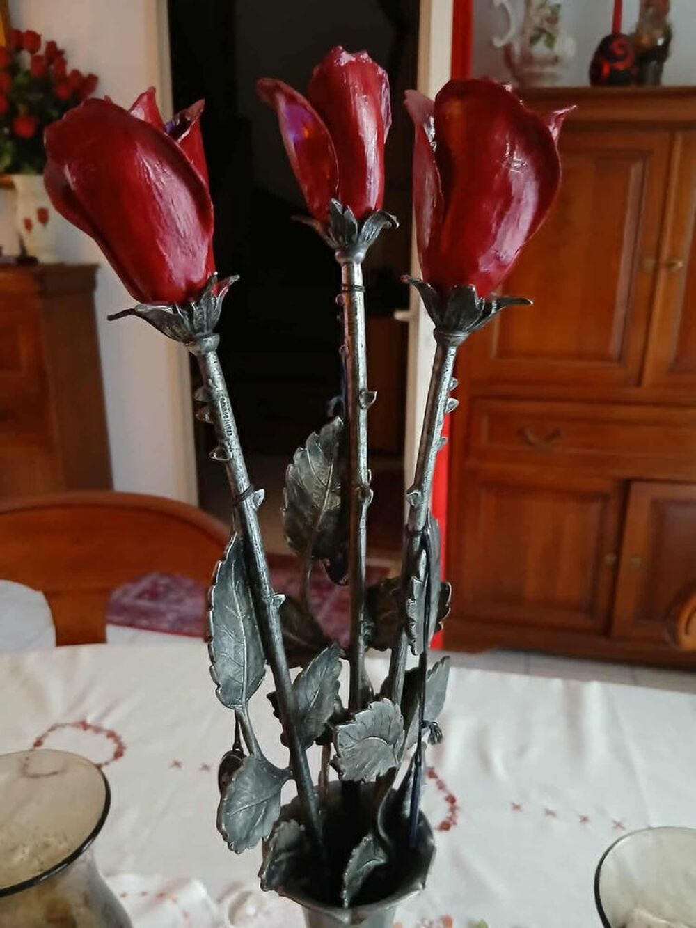  Vase vintage 3 roses &eacute;tain 2 photophores &eacute;tain verre bull&eacute; Décoration