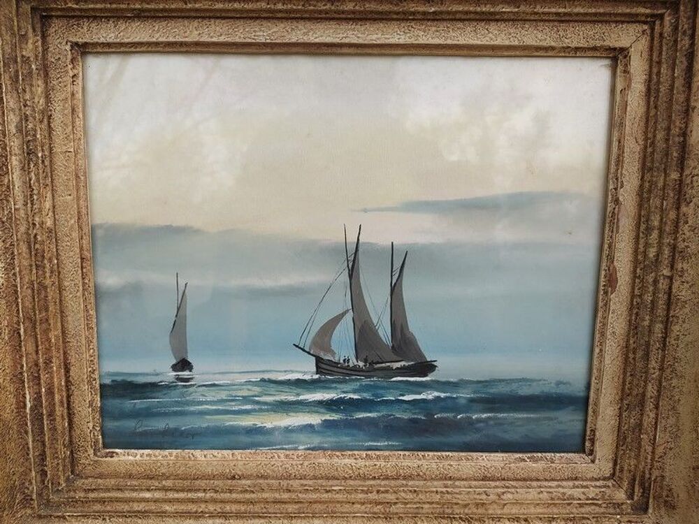 Tableau Dessin Gouache Marine Voiliers Sign&eacute;e 