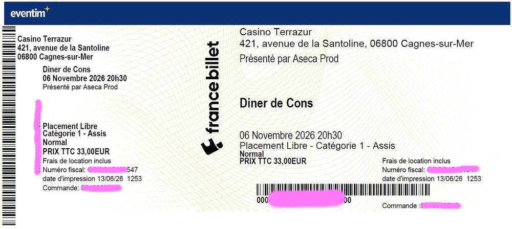 2 billets Le diner de cons - 6 novembre 2026 Billetterie