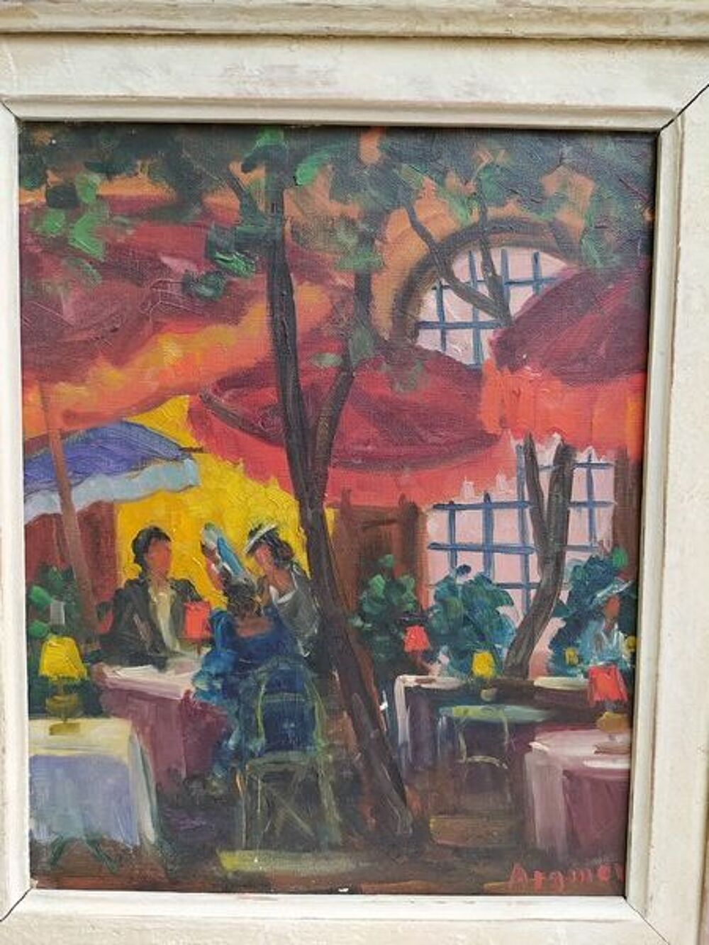 Ancien Tableau Terrasse de Restaurant Anim&eacute;e Fauvisme Sign&eacute; Décoration