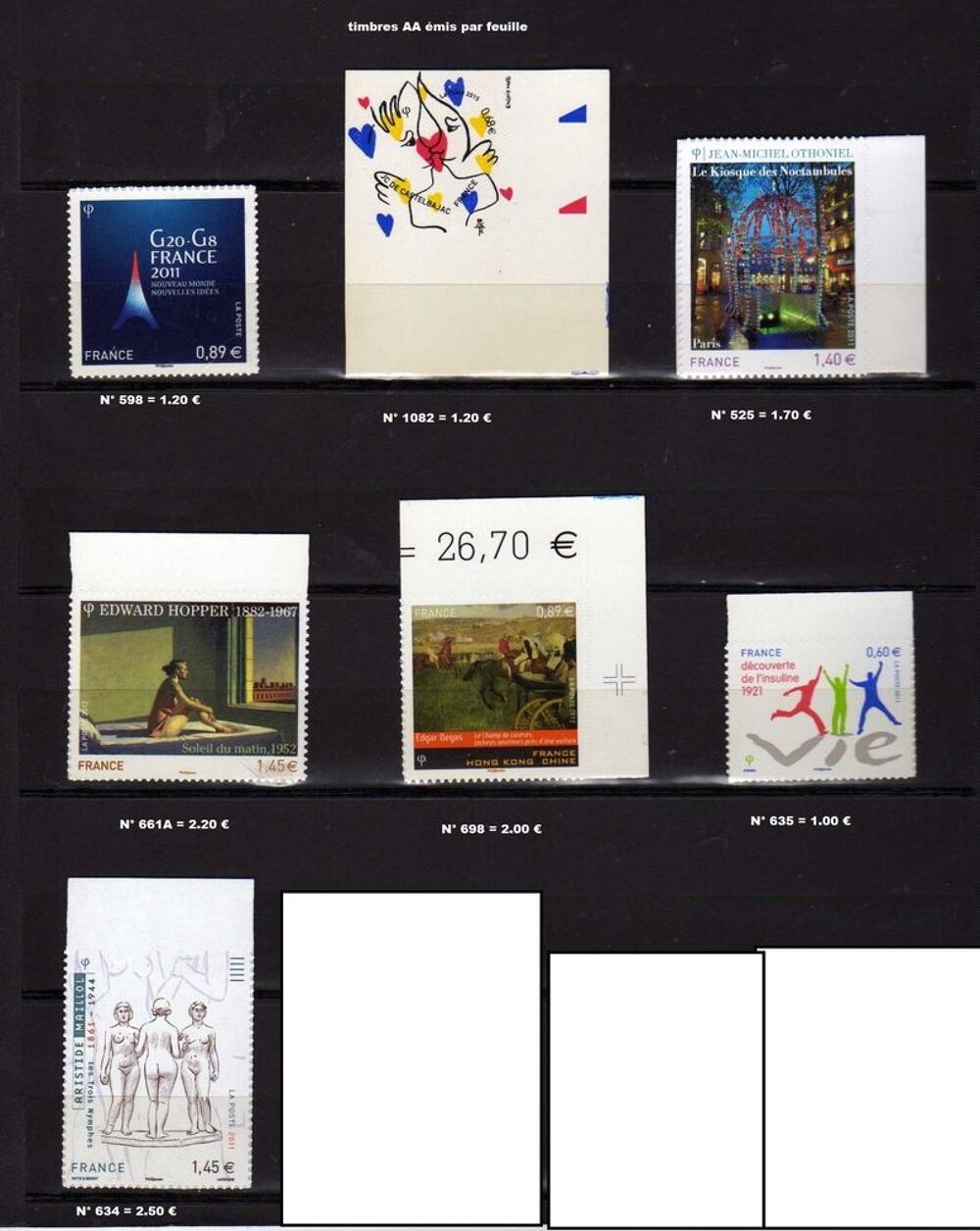 France 
Lot de timbres AA &eacute;mis par feuille (dos blanc) 