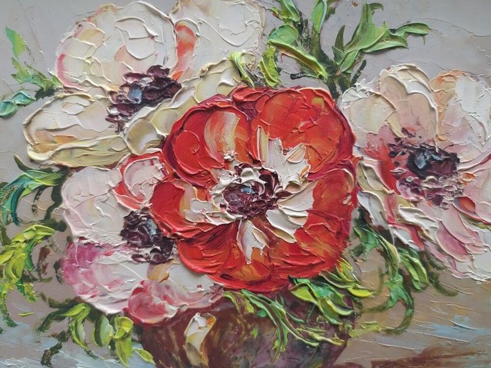 Tableau Nature Morte Fleurs An&eacute;mones Sign&eacute; De Mervil 
Décoration