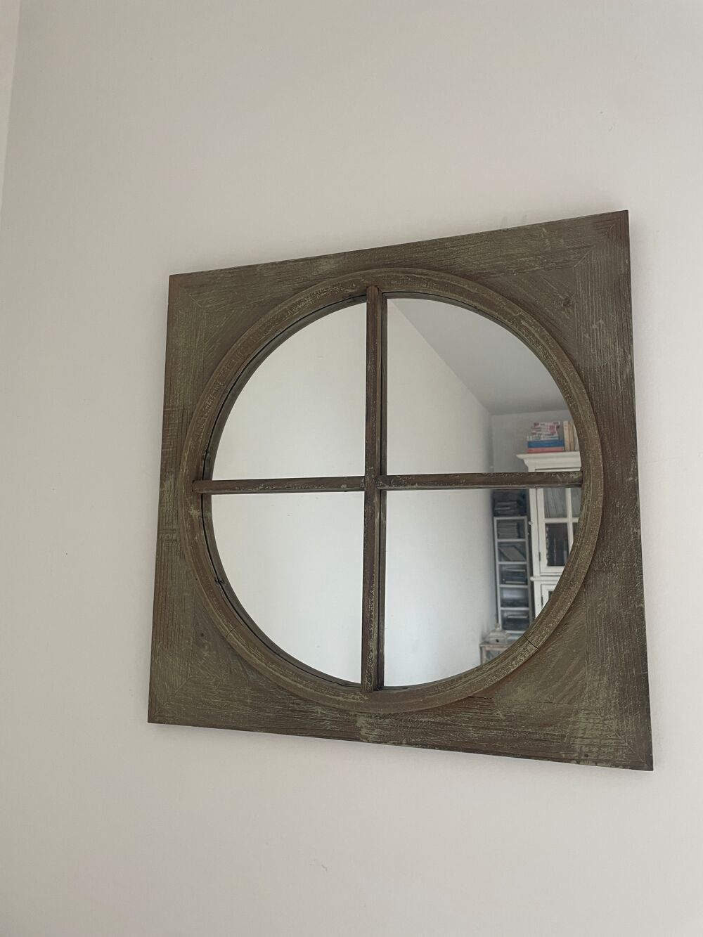 miroir rond dans carr&eacute; bois 50cm Dcoration