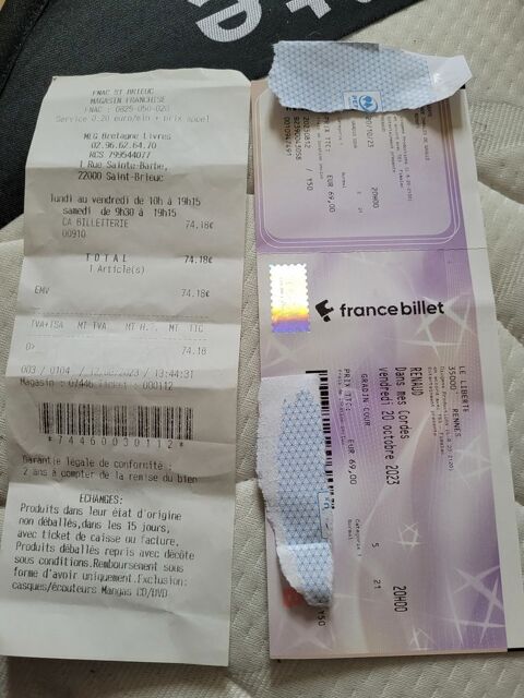 Billet pour aller voir Renaud  Rennes le 20ocbre a 20h 45 Langueux (22)