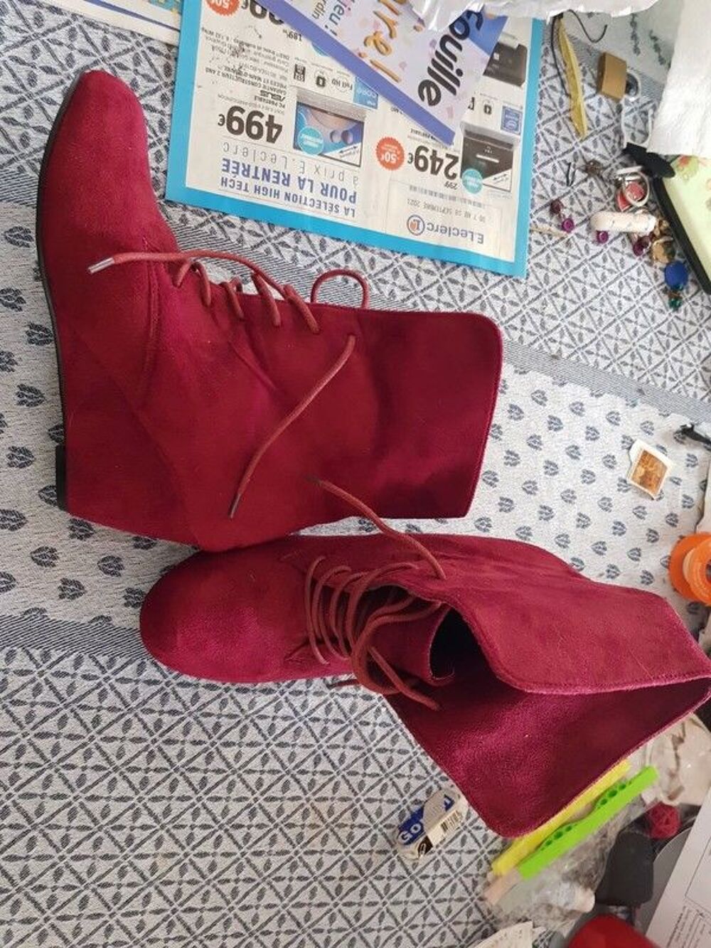 Bottines rouge &agrave; lacets talons compens&eacute;s neuve marque women Chaussures