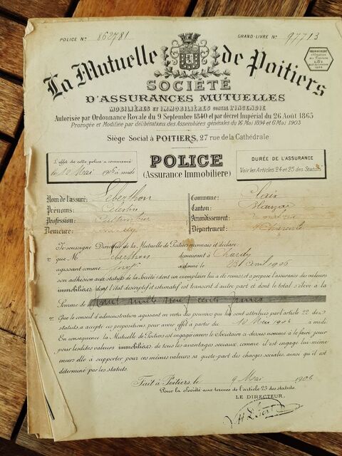Vieux papier  Mutuelle de Poitiers  2 polices+ 2 quittances 5 Nieuil-l'Espoir (86)