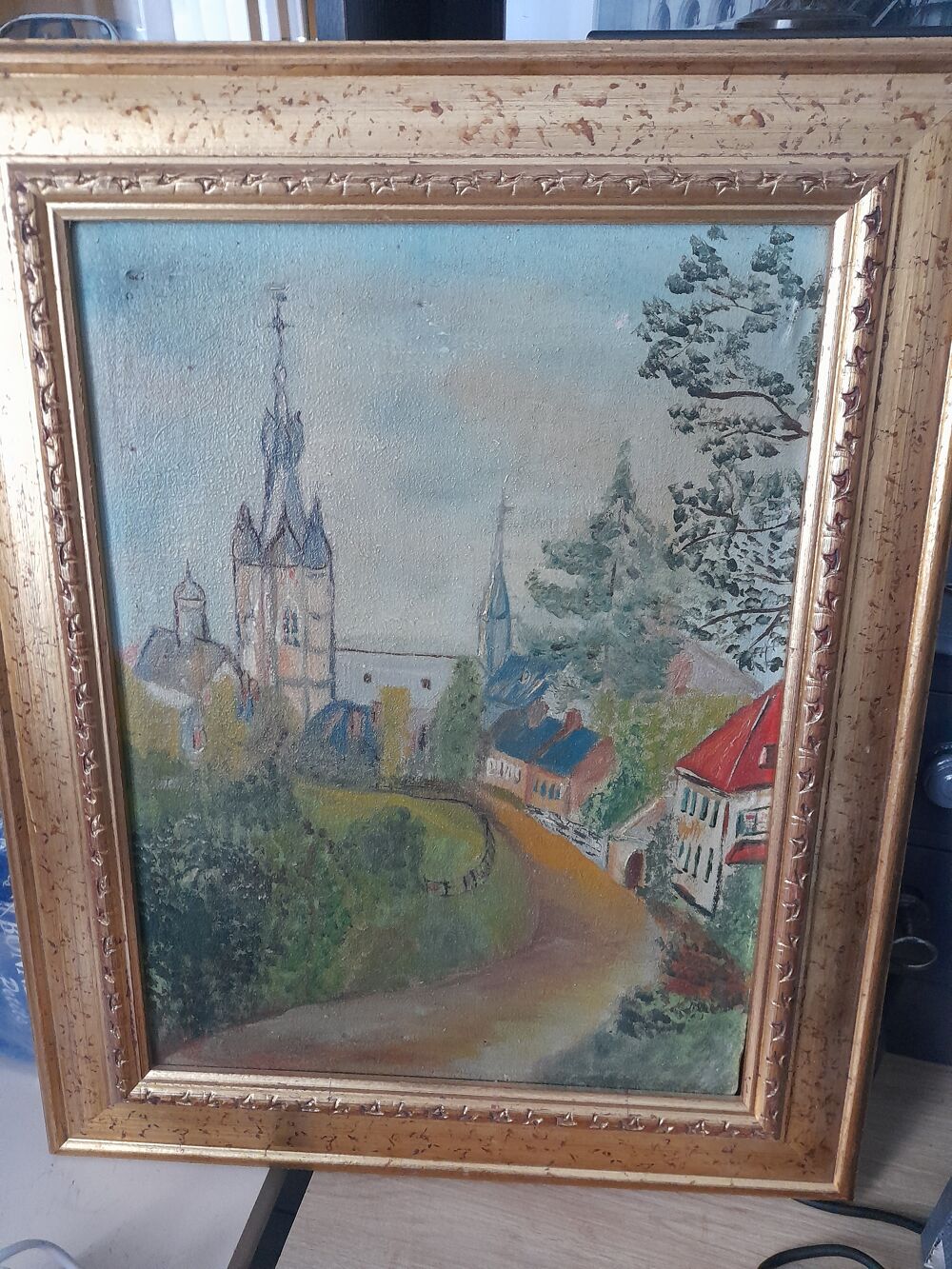 Ancien tableau representant 1 beffroi du nord cadre recent 