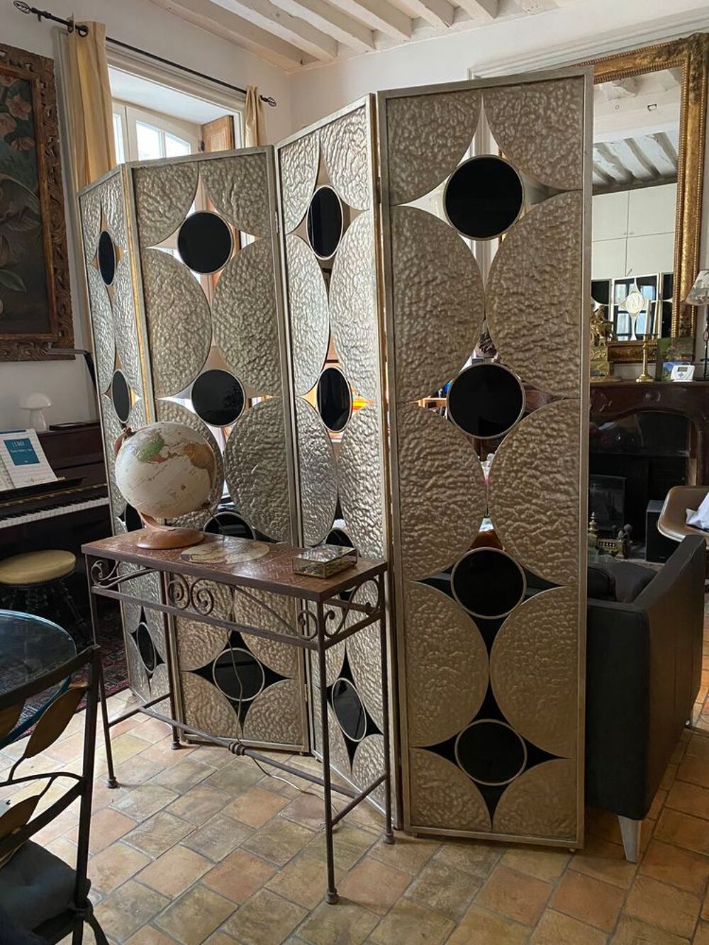 Grand Paravent m&eacute;tal bronze et verre Décoration