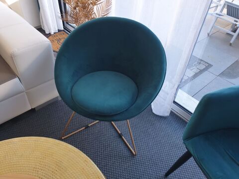 Fauteuil velours, bleu canard, dossier arrondi 70 Granville (50)
