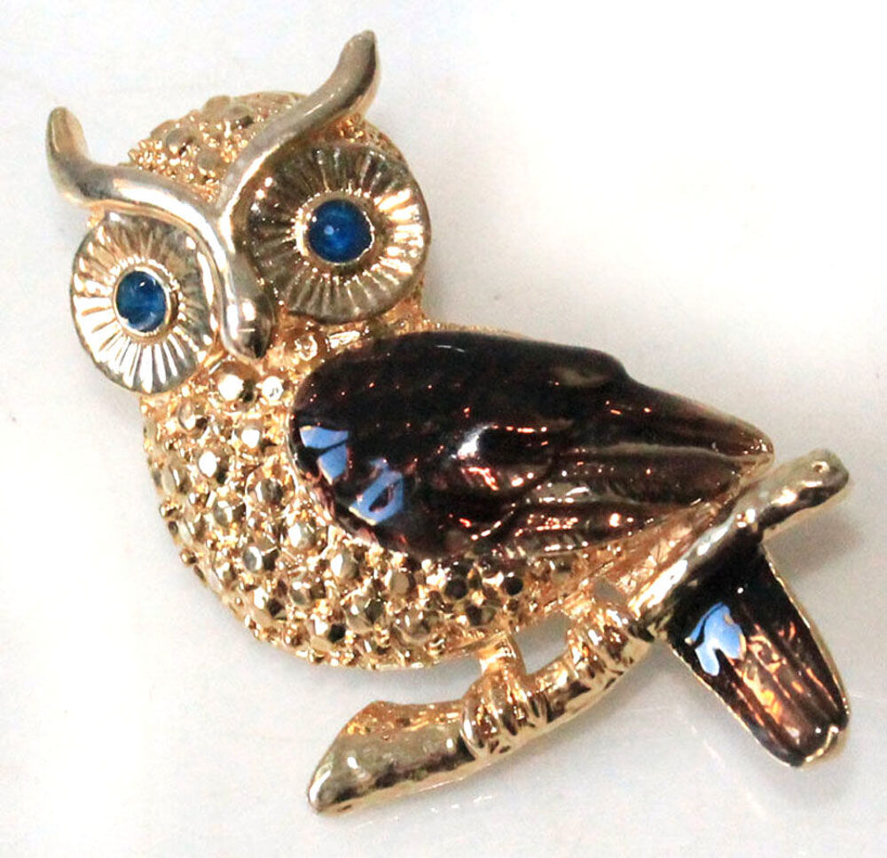 HIBOU YEUX BLEU EMAIL ANCIENNE BROCHE VINTAGE or Bijoux et montres